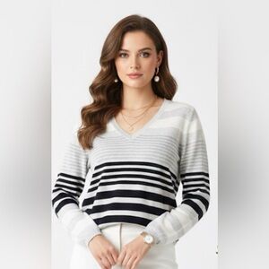 Tommy Hilfiger Women's V-Neck Sweater - Black and Gray Stripes
